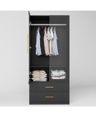 70.8" Modern Wardrobe Armoire with LED Glass Doors, Motion Sensor, 2 Drawers & Hanging Rod