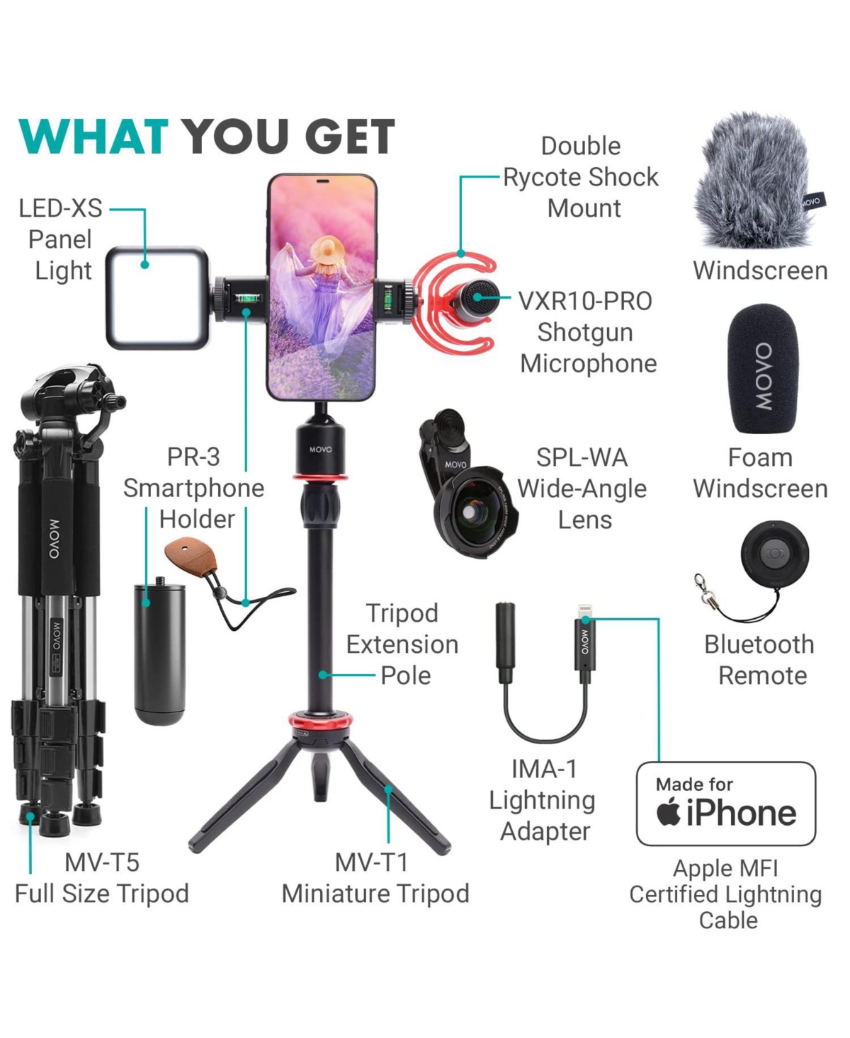 Movo iVlog1 Vlogging Kit for iPhone with Shotgun Mic, Led Light, Tabletop Tripod, Fullsize Tripod and More
