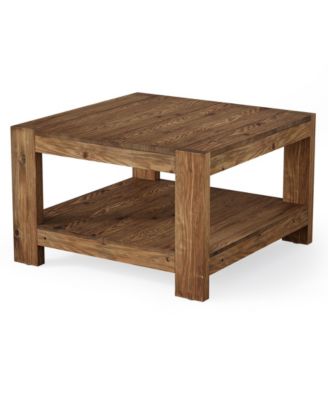 31.5" Square Solid Wood Coffee Table, 2-Tier Farmhouse Center Table for Living Room & Office, Rustic Brown