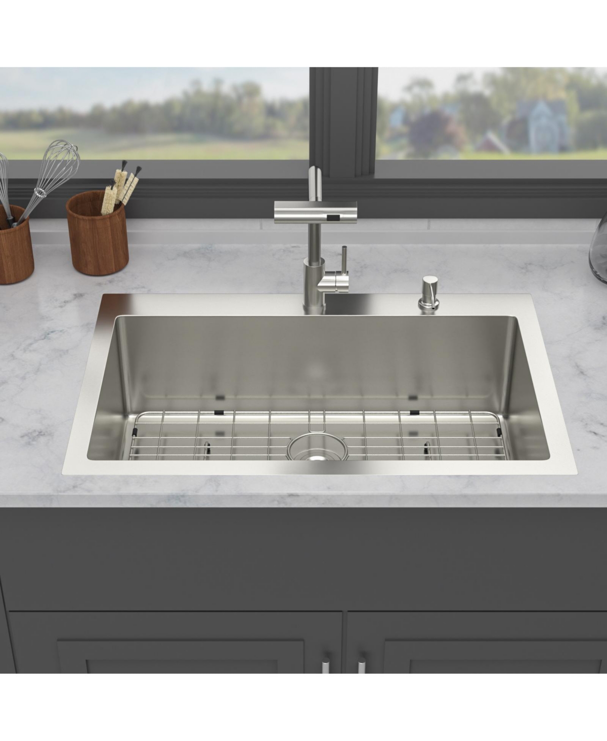 Flynama 16-Gauge Stainless Steel Drop-In Kitchen Sink with Pull-Out Faucet, Single Bowl, 30" x 22" x 10"