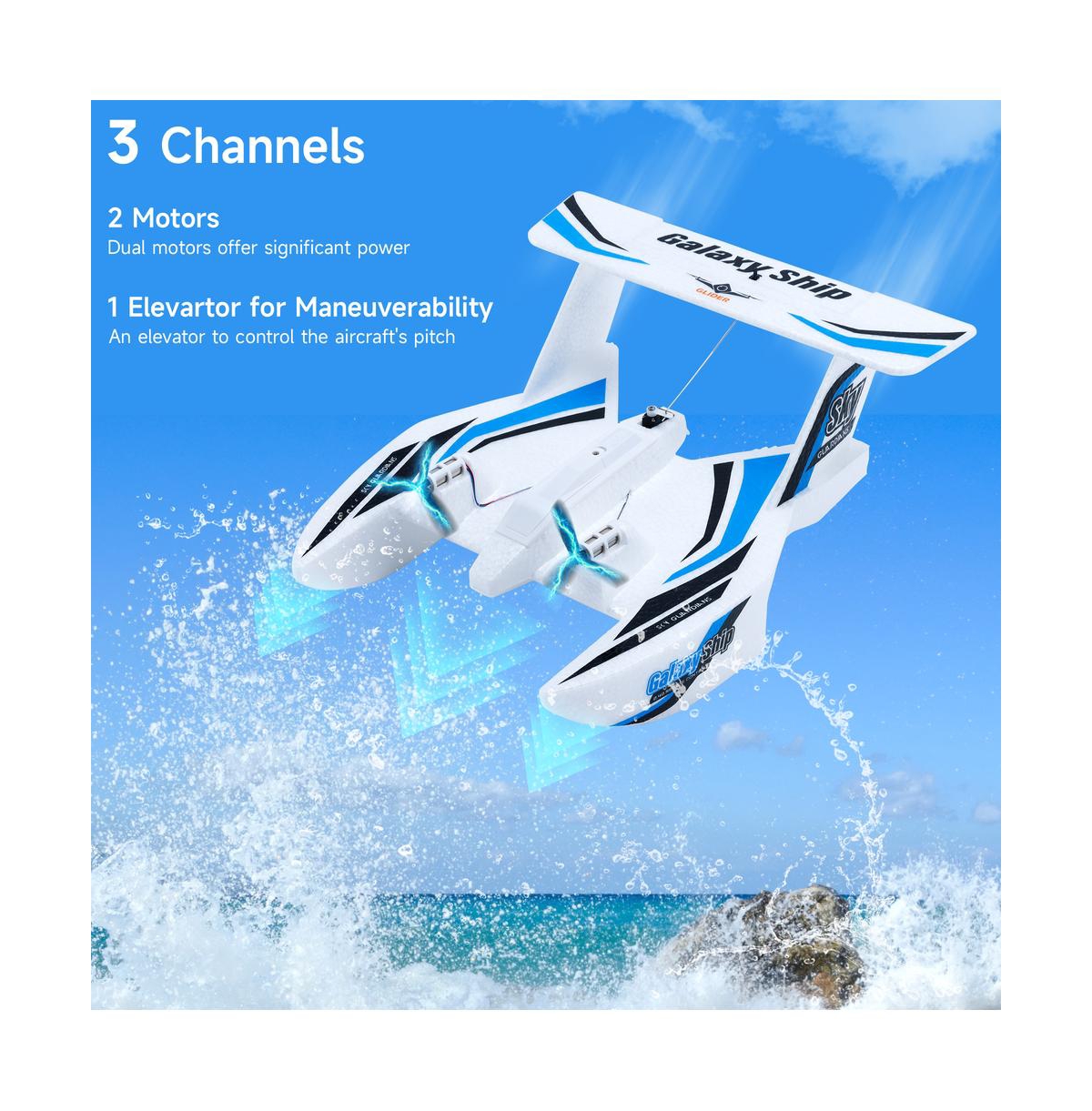 Bruce & Shark 3-in-1 Water Land Air Rc Plane, 2.4G 3-Channel with 2 Batteries & 20 Min Flight