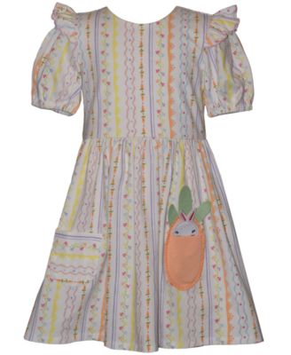 Girls' 2T-6X Short-Sleeve Bunny and Carrot Striped Pocket Dress