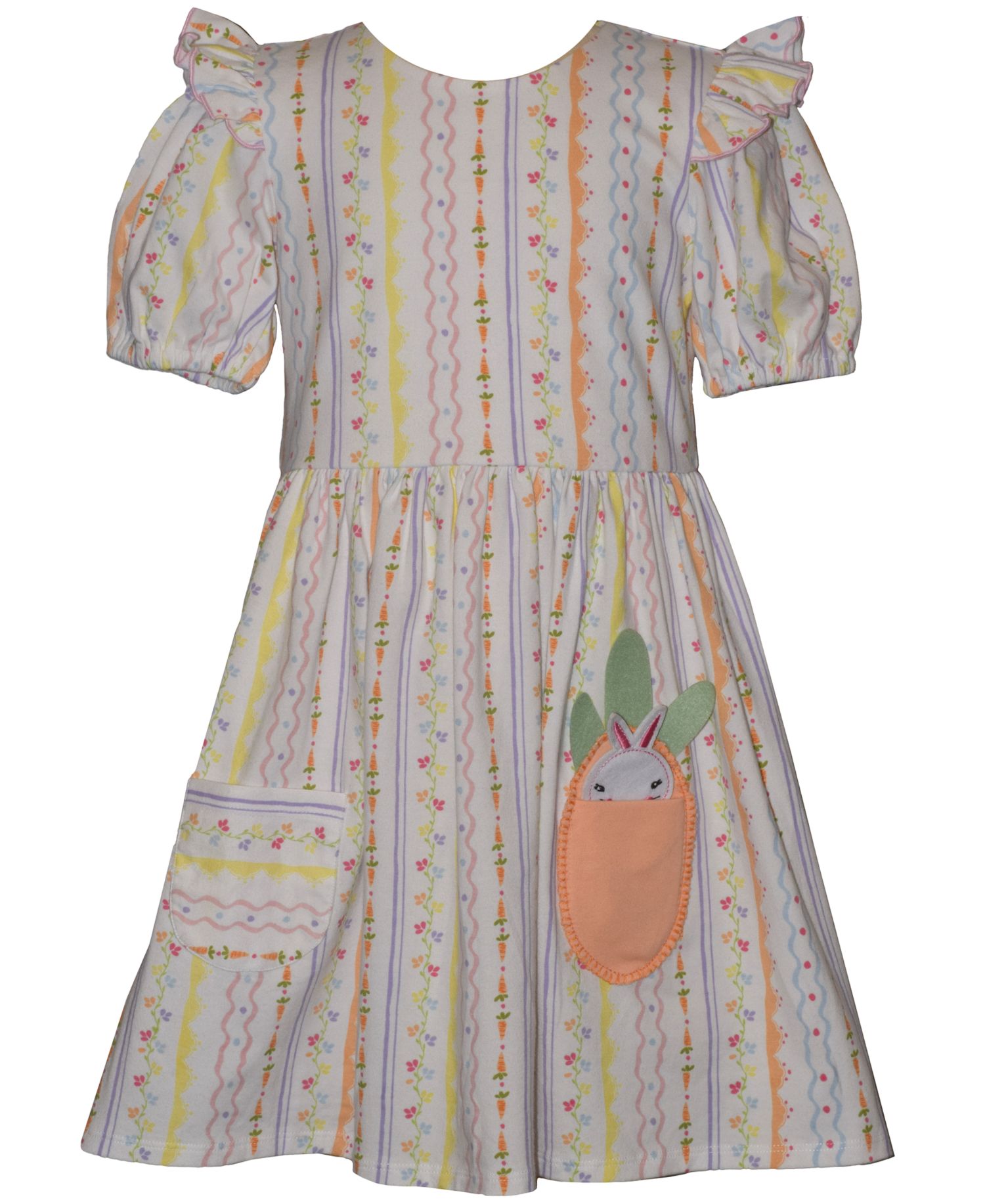Girls' 2T-6X Short-Sleeve Bunny and Carrot Striped Pocket Dress