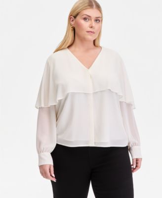 Plus Size Long-Sleeve Cape-Shoulder Blouse