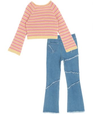 Girls' 7-12 Long-Sleeve Crochet Sweater and Flare Jeans, 2-Piece Set