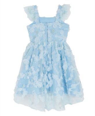 Girls' 7-16 Blue Floral Soutache Flutter Strap Dress