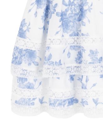 Girls' 7-16 Toile Puff-Sleeve Lace Trim Dress