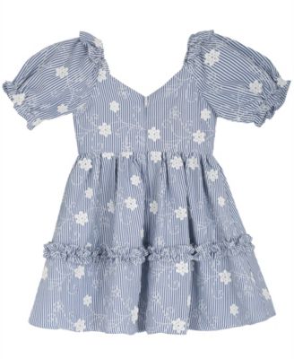 Girls' 2T-6X Striped Embroidered Flutter Sleeve Dress