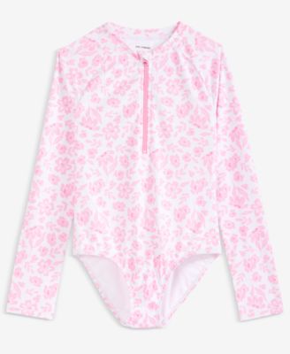 Girls' 7-16 Floral Long-Sleeve One-Piece Rash Guard Swimsuit