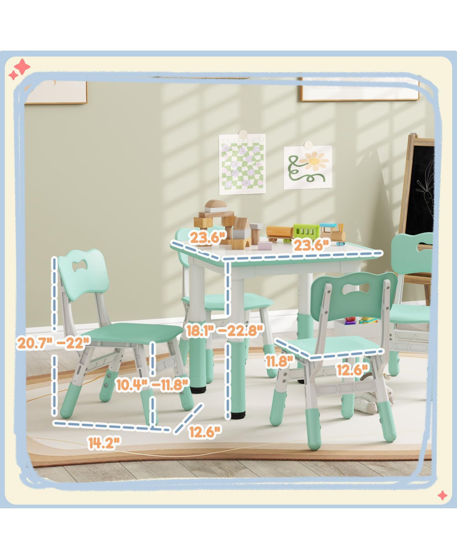 Kids Table and Chair Set Height Adjustable 5 Piece Toddler Table Set with Storage Box Easy Clean Activity Table with 4 Chairs for 18M 5Y Green