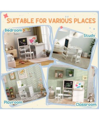 Kids Table and Chair Set 3 in 1 Art Table with Storage Shelves Foldable Blackboard Whiteboard Roll Paper for Kids 3-8 Years White