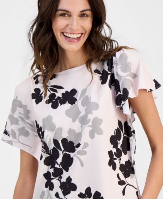 Women's Printed Cascade-Flutter-Sleeve Top