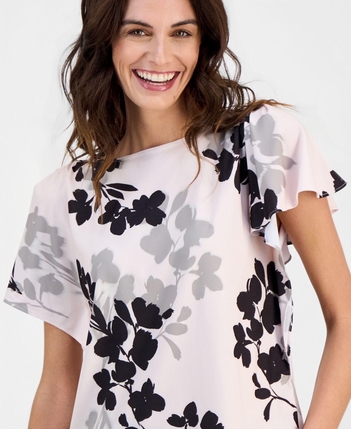 Anne Klein Women's Printed Cascade-Flutter-Sleeve Top