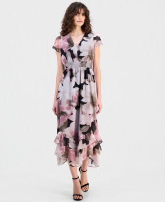 Women's Floral-Print Smocked Ruffled Dress