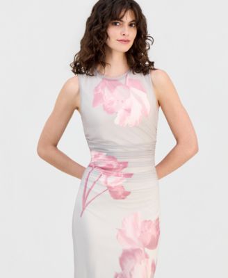 Women's Mesh Floral-Print Ruched-Waist Midi Dress