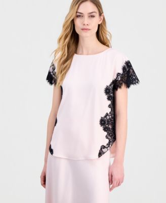 Women's Short-Sleeve Lace-Trim Satin Top