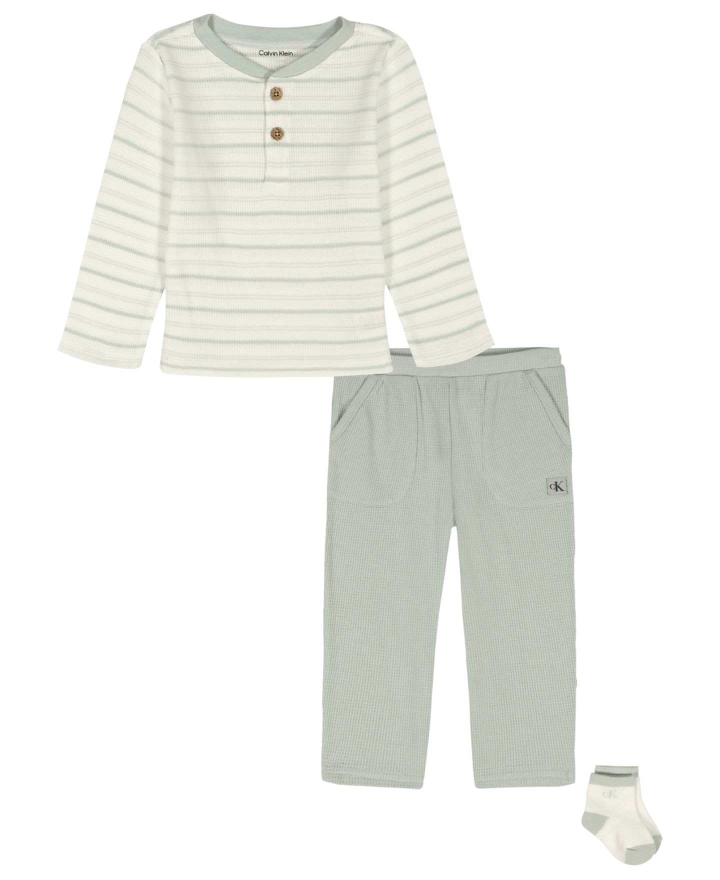 Комплекты Calvin Klein Striped T-Shirt, Pants and Socks, 3-Piece Set для мальчиков-малышей, цвет: Pale Meadow — фото 1