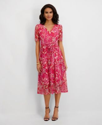 Women's Embroidered Mesh Tie-Waist Midi Dress