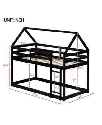 Bunk Bed with Ladder and Guardrails Low-Height Rubber Wood Floor Bunk Bed for Kids