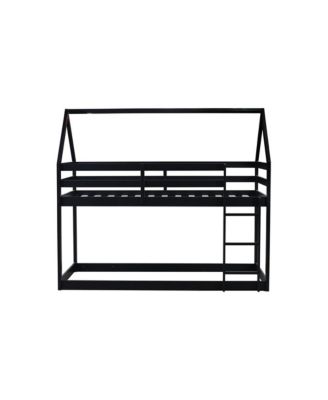 Bunk Bed with Ladder and Guardrails Low-Height Rubber Wood Floor Bunk Bed for Kids