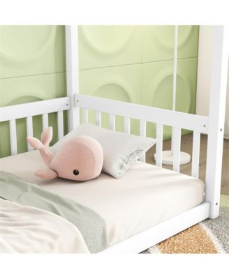 Twin Size Canopy Floor Bed with Safety Fence Wooden Play Bed with Guardrails for Kids Room