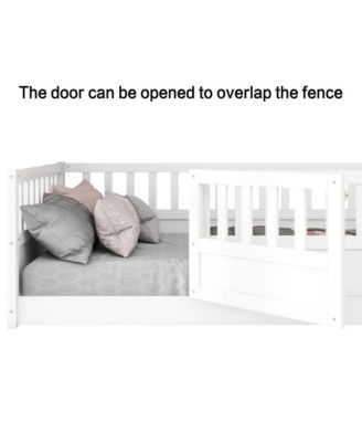 Full Size Wooden Floor Bed Integral Construction with High Security Barrier Door & Support Slats for Kids