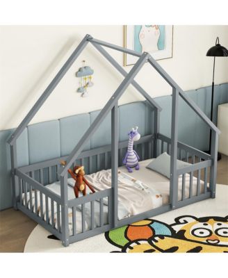 Twin Wood House-Shaped Floor Bed with Safety Fence & Roof Frame Kids Bed for Bedroom Playroom