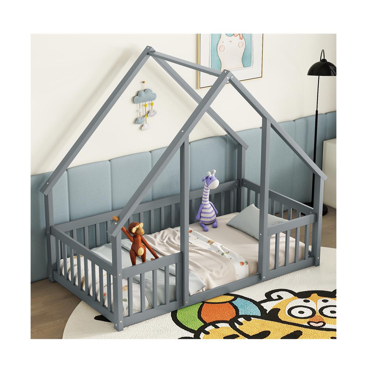 Cesicia Twin Wood House-Shaped Floor Bed with Safety Fence & Roof Frame Kids for Bedroom Playroom