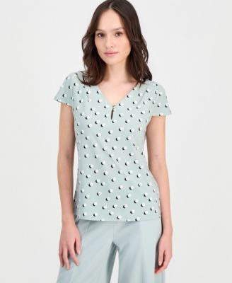 Petite Printed Keyhole Cap-Sleeve Top