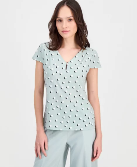 Petite Printed Keyhole Cap-Sleeve Top - Soft Aloe