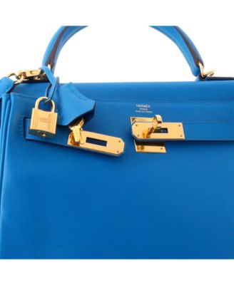 Pre-Owned HERMES Kelly 28 Handbag Blue Evercolor with Gold Hardware