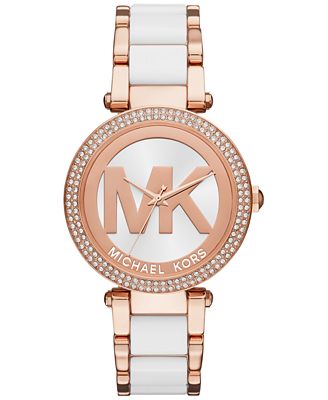 Michael Kors Women's Parker Rose Gold-Tone Stainless Steel and White ...