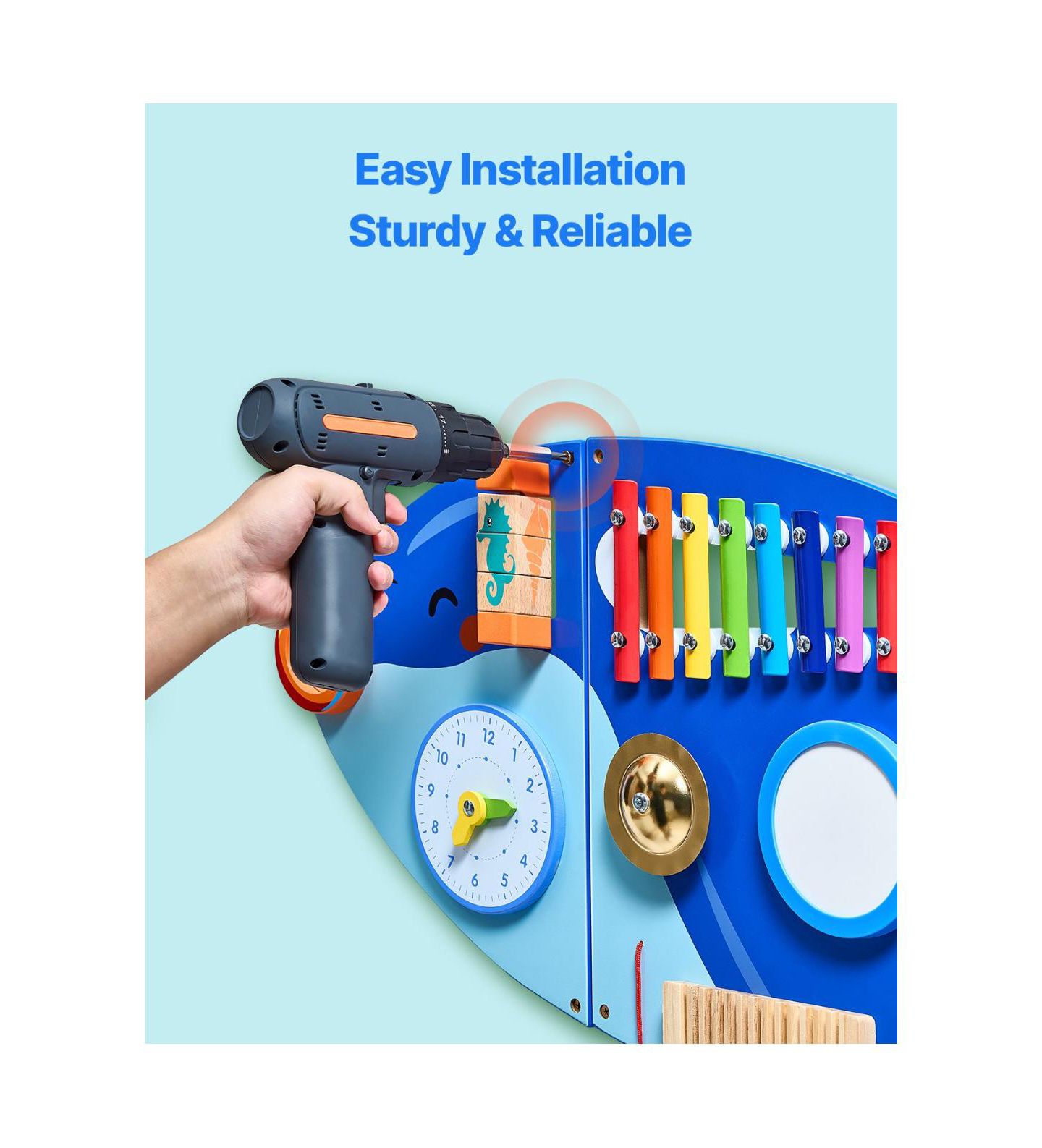Детские игрушки Slickblue Orca Activity Wall Busy Board Montessori-Inspired 12 Activities, Ages 3-12, цвет: Синий — фото 4
