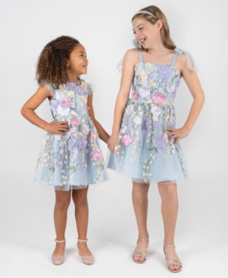 Girls' 7-16 3D Floral Embroidered Mesh Tie Strap Dress