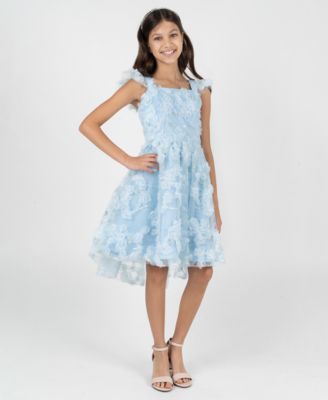 Girls' 7-16 Blue Floral Soutache Flutter Strap Dress