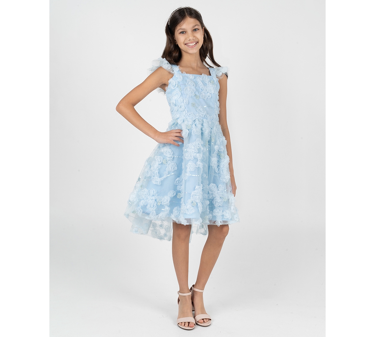 Rare Editions Girls' 7-16 Blue Floral Soutache Flutter Strap Dress