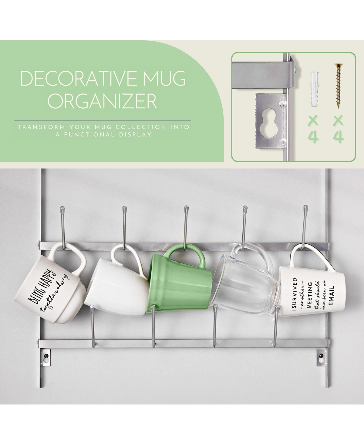 Sorbus 6-Tier Wall Mounted Metal Mug Holder Rack - Display Organizer for Coffee Mugs, Tea Cups, Mason Jars, and More - Holds 27 Mugs