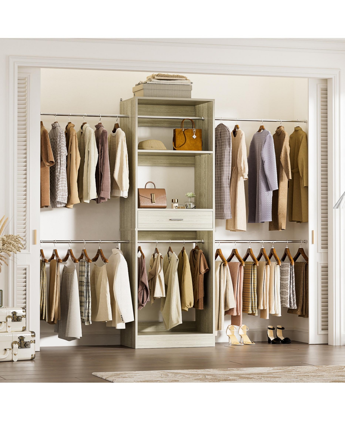 Aheaplus 20.5'' - 96'' Adjustable Closet Hanging Organizer, System with 6 Extendable Rods and A Drawer