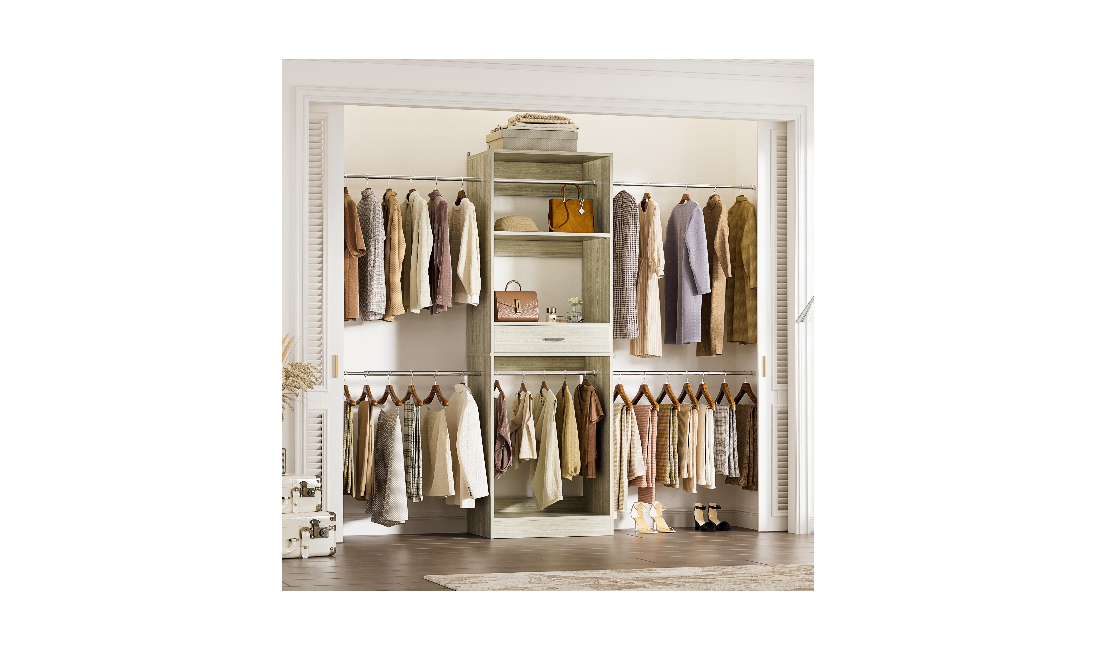 Aheaplus 20.5'' - 96'' Adjustable Closet Hanging Organizer, System with 6 Extendable Rods and A Drawer
