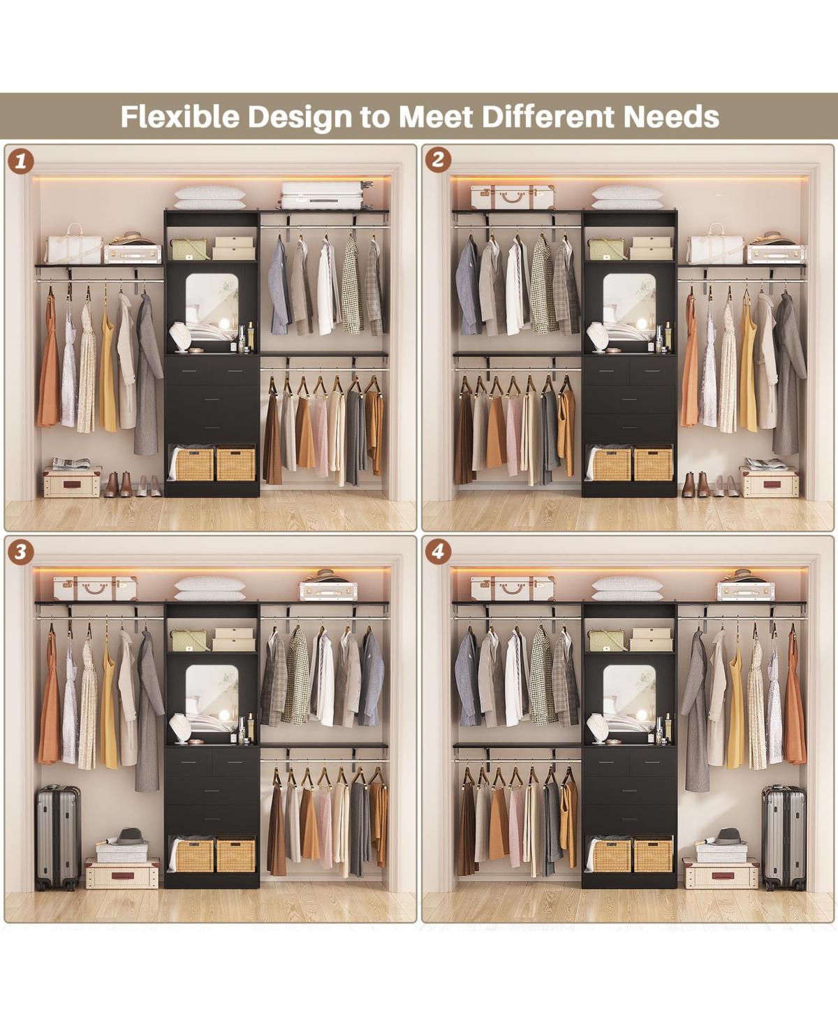 Aheaplus 96'' Closet Organizer System with 4 Drawers & Mirror, Heavy Duty Closet System with 3 Shelving Towers & Hanging Rods