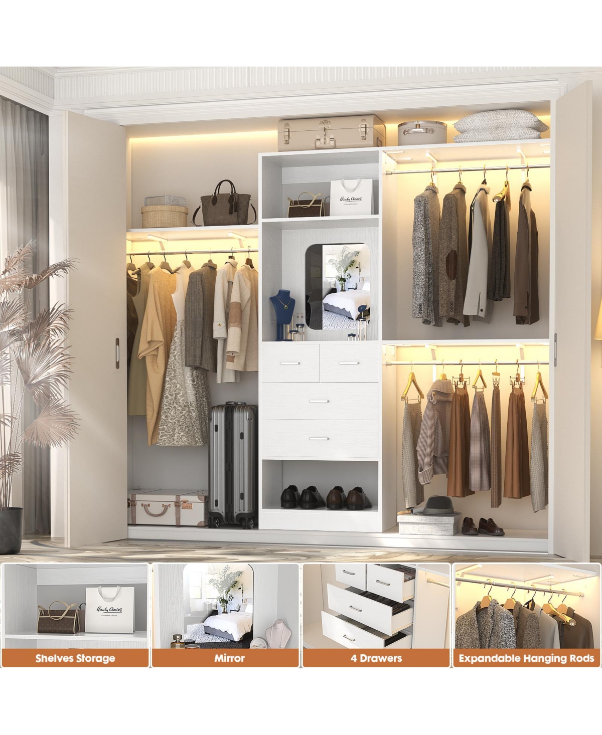 Aheaplus 96'' Closet Organizer System with 4 Drawers & Mirror, Heavy Duty Closet System with 3 Shelving Towers & Hanging Rods