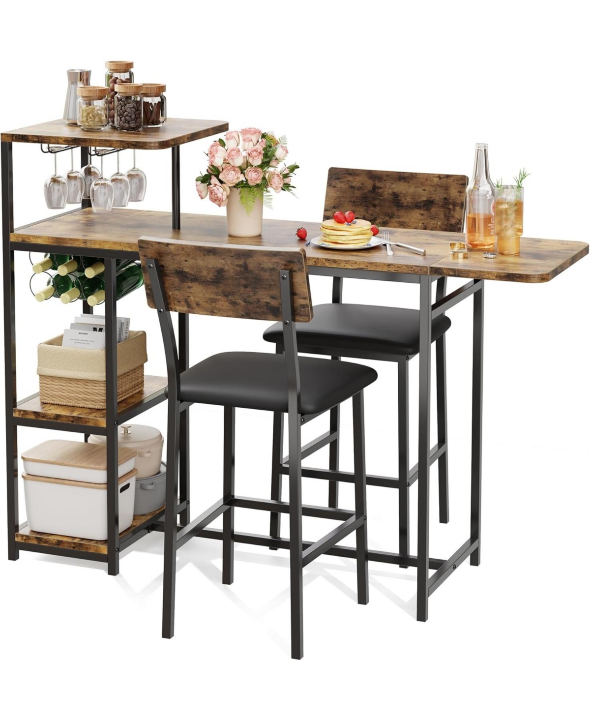 gaomon Dining Table Set for 2, 3-Piece Expandable Table and Chairs Set, with Storage Shelves and Wine Rack Small Kitchen Dining Set for Living Room