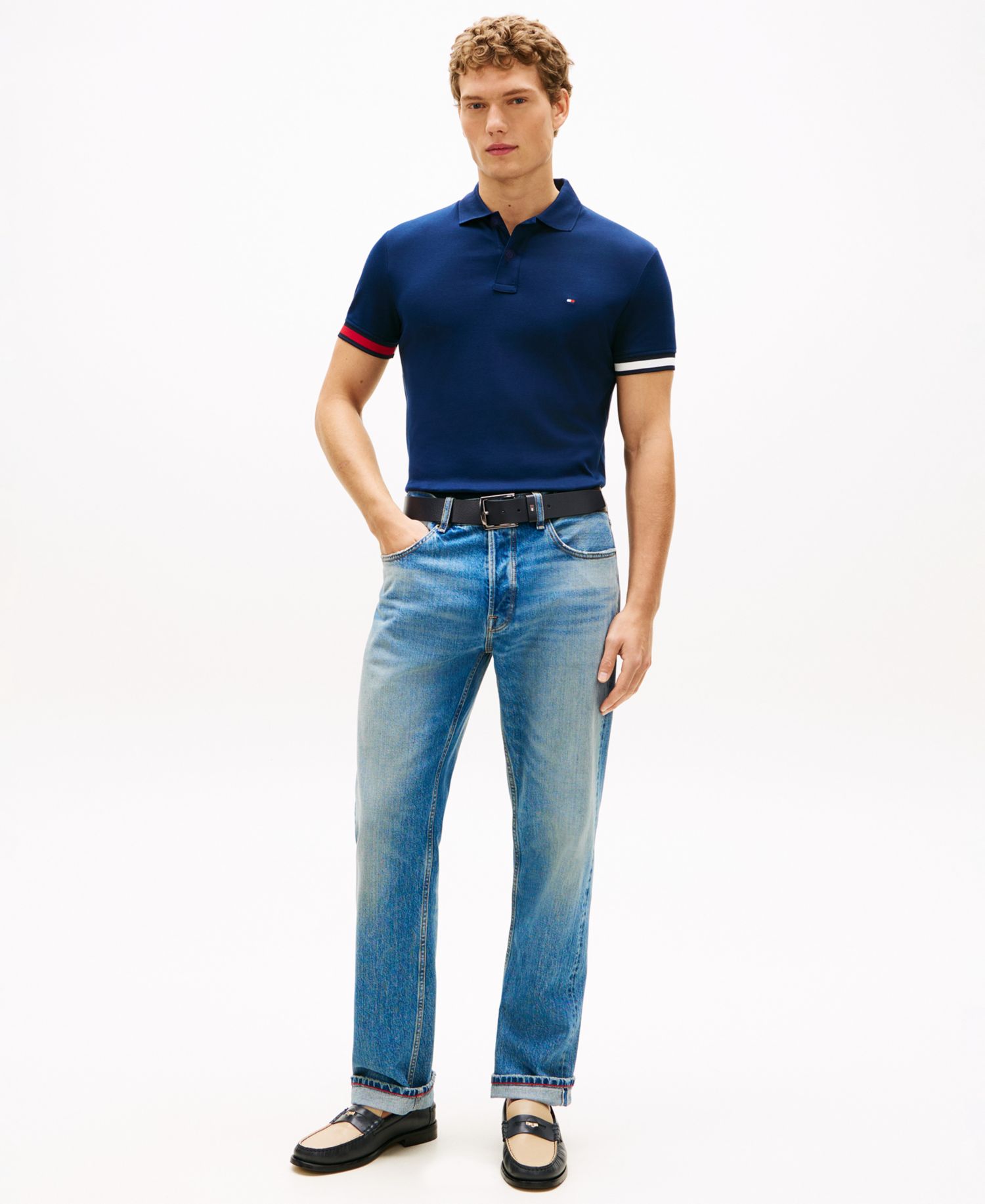 Men's Slim-Fit Smooth Touch Red, White, and Blue Cuff Polo Shirt