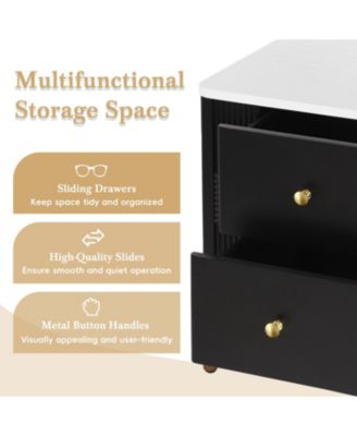 Modern MDF Nightstand with 2 Storage Drawer, Fluted Bedside Table with Metal Handles and Legs for Living Room and Bedroom, Easy Assembly