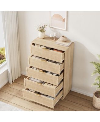 5 Drawer Rattan Dresser for Bedroom, Integrated Cabinet Body & Legs Design