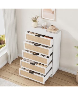 5 Drawer Rattan Dresser for Bedroom, Integrated Cabinet Body & Legs Design