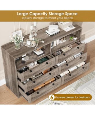 6-Drawer Modern Dresser with Power Outlet & LED Light, Large Capacity Wood Storage Chest TV Stand for Bedroom, Living Room