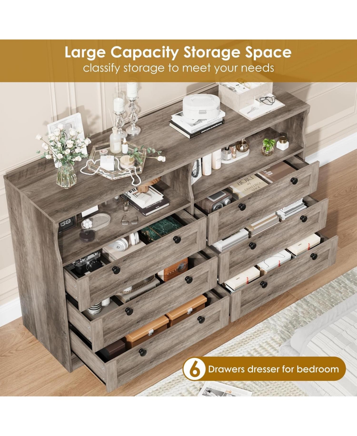 gaomon 6-Drawer Modern Dresser with Power Outlet & Led Light, Large Capacity Wood Storage Chest Tv Stand for Bedroom, Living Room