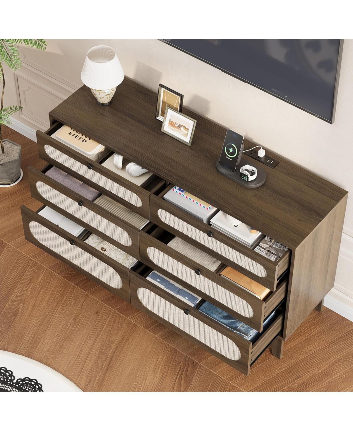 gaomon 52.1 Inch 6 Drawer Rattan Wood Dresser with Charging Station, Different Capacity Drawers, Bedroom, Dark Brown