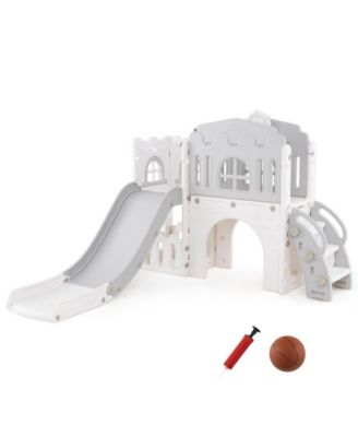 Indoor Toddler Slide Playset with Climber Tunnel Basketball Hoop and Activity Center